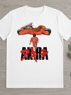 White Cyberpunk Anime Graphic Tee Red Motorcycle Manga Poster Shirt